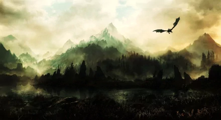A majestic dragon soars over a mystical landscape, inspired by The Elder Scrolls V: Skyrim, featuring dramatic mountains and a foggy atmosphere in a stunning HD wallpaper.