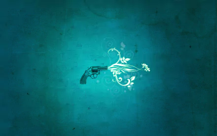 An HD desktop wallpaper with an artistic revolver on a textured teal background with floral designs.