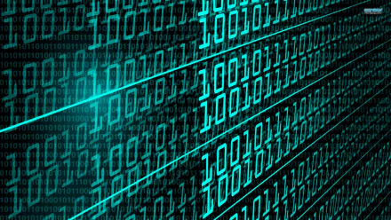 A high-definition desktop wallpaper featuring a dynamic display of binary code, accentuated with a vibrant blue-green glow, symbolizing technology and digital innovation.