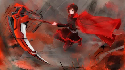 HD desktop wallpaper featuring Ruby Rose from RWBY in a dynamic pose with her scythe, set against a vivid red and grey abstract background.