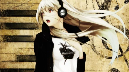 An HD desktop wallpaper featuring a character from beatmania, wearing headphones and a dark jacket, with flowing white hair and a striking expression against a textured background.