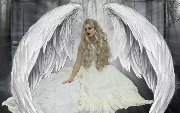 HD desktop wallpaper of a fantasy angel with large white wings, dressed in a flowing white gown, seated in a misty, forested background.