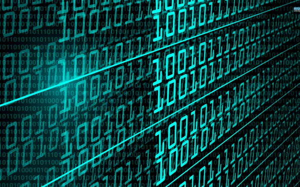 A high-definition desktop wallpaper featuring a dynamic display of binary code, accentuated with a vibrant blue-green glow, symbolizing technology and digital innovation.