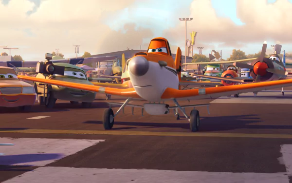 HD desktop wallpaper featuring characters from the movie Planes, showcasing a vibrant scene at an airport with various aircraft, including a prominent orange and white plane in the foreground.
