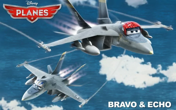 HD desktop wallpaper featuring animated characters Bravo and Echo from Disney's Planes, soaring in the sky.