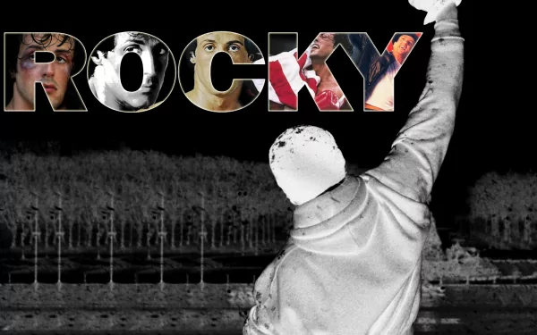 HD desktop wallpaper and background featuring a triumphant scene from the movie “Rocky.” The title “ROCKY” is prominently displayed with images from the movie within each letter.