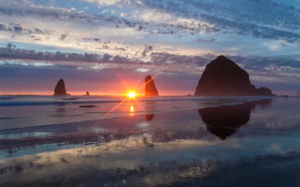 Cannon Beach Haystack Rock pacific ocean Oregon coast cliff nature sunset HD Desktop Wallpaper | Background Image