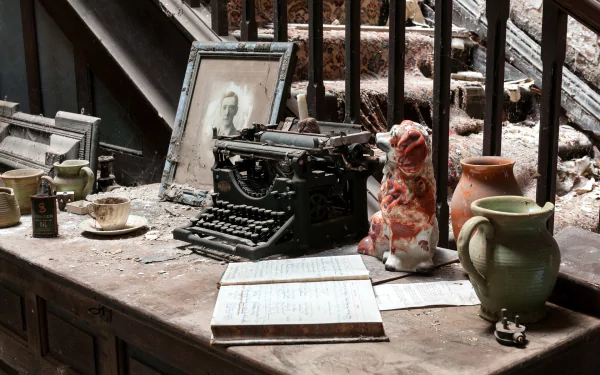 A vintage scene featuring an antique typewriter, a portrait, and various rustic items on a dusty table, capturing the charm of forgotten history in HD photography.