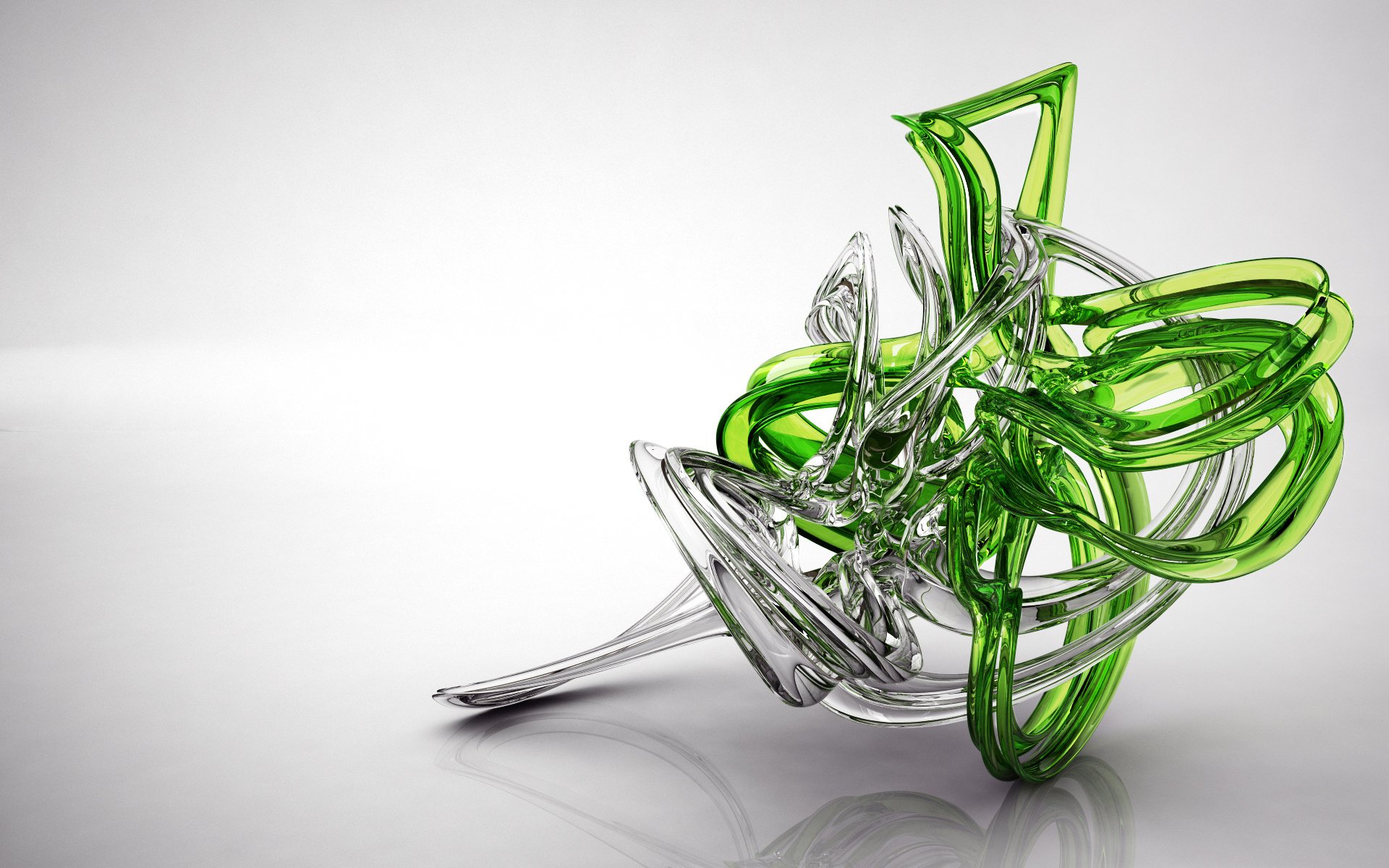 Artistic 3D art featuring an abstract, green and silver glass-like structure on a smooth white background, designed as an HD PC desktop wallpaper.
