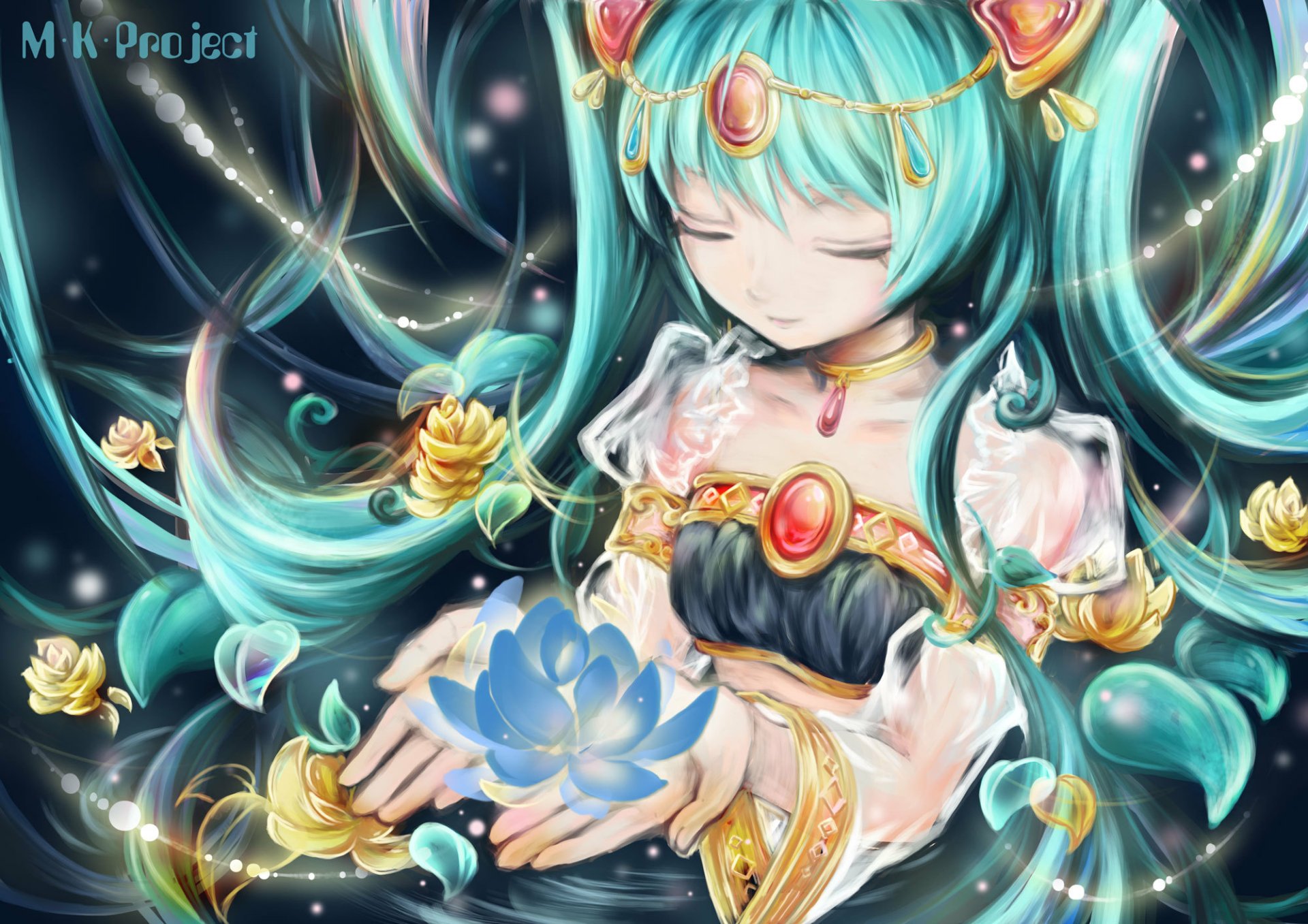 HD desktop wallpaper featuring Hatsune Miku from Vocaloid, depicted in an intricate anime style, surrounded by magical glowing elements and holding a luminous blue flower.