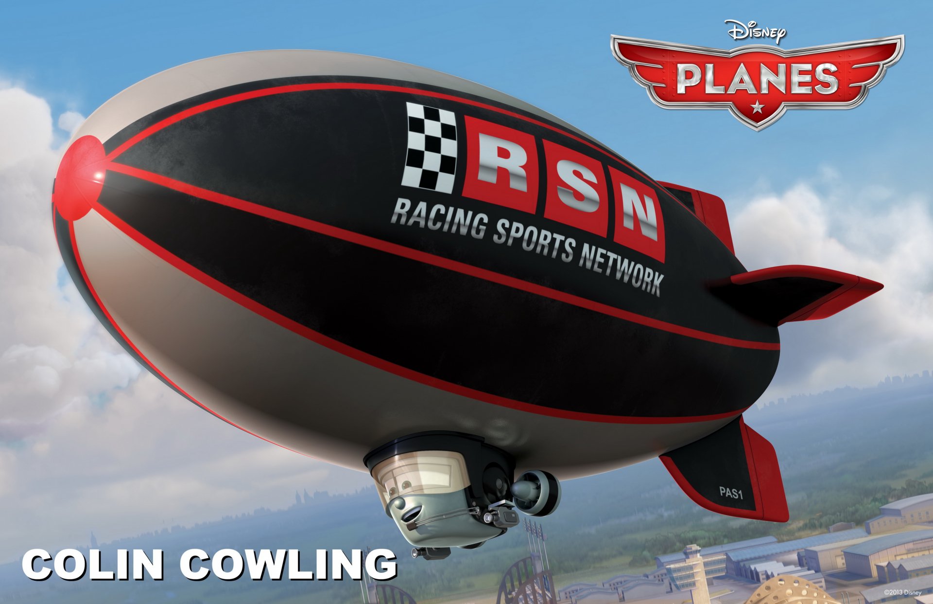 HD desktop wallpaper featuring Colin Cowling, a blimp from Disney's Planes, flying in the sky with mountains in the background.