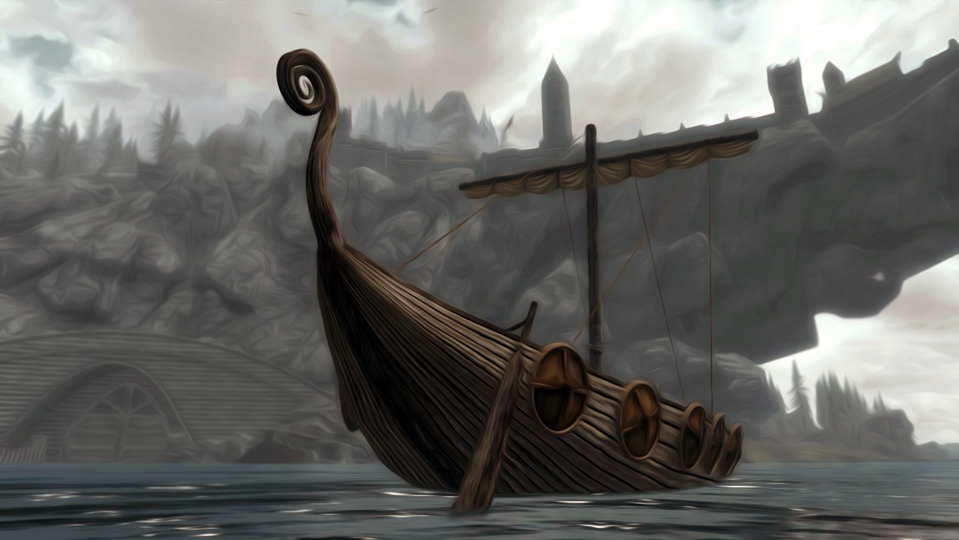 HD PC desktop wallpaper featuring a detailed dragonhead ship sailing in the misty waters of The Elder Scrolls V: Skyrim.