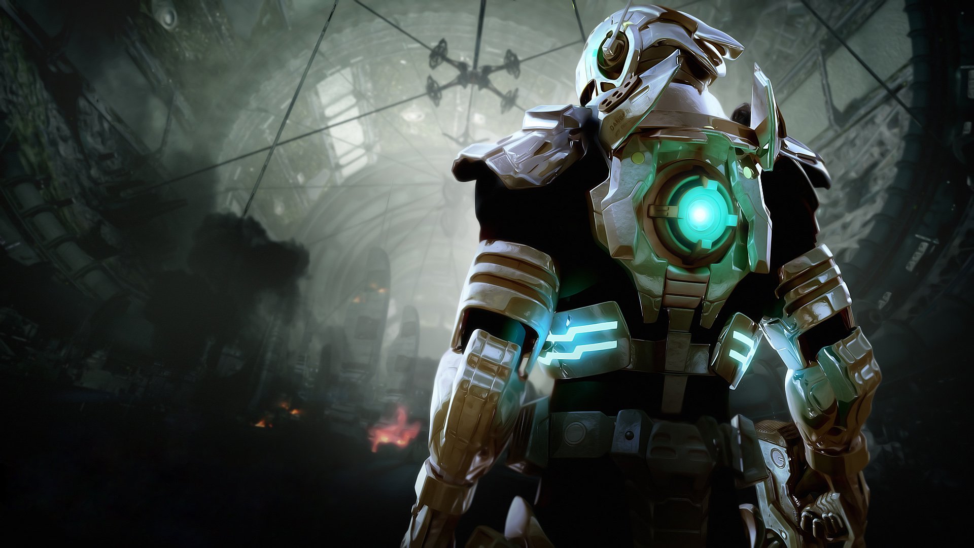 HD PC desktop wallpaper: Vanquish video game soldier in a powered exosuit with a glowing teal core, standing in a ruined, smoke-filled industrial hall, back turned to the viewer.