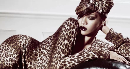 HD desktop wallpaper of Rihanna in a leopard print outfit and headwrap, with bold makeup, representing her music persona.