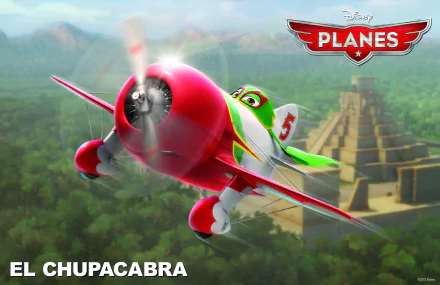 HD wallpaper of El Chupacabra from Disney's Planes flying energetically over a jungle with ancient pyramids in the background.