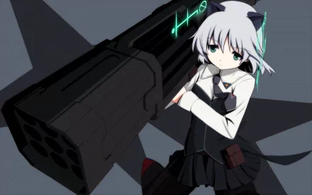 HD anime desktop wallpaper featuring a character from Strike Witches holding a large futuristic weapon with a dark star-shaped background.