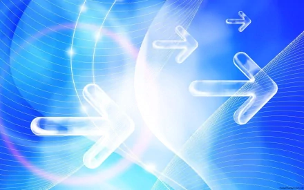Abstract HD PC desktop wallpaper featuring glowing translucent arrows on a dynamic blue background with flowing light waves and soft gradients.