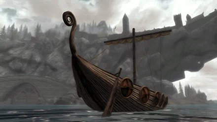 HD PC desktop wallpaper featuring a detailed dragonhead ship sailing in the misty waters of The Elder Scrolls V: Skyrim.