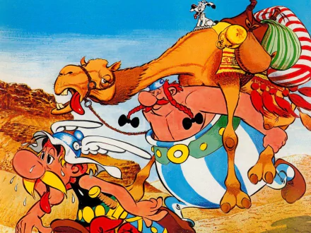 HD PC desktop wallpaper featuring comic characters Asterix and Obelix riding a camel in a desert landscape.