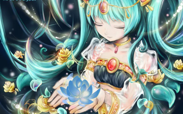 HD desktop wallpaper featuring Hatsune Miku from Vocaloid, depicted in an intricate anime style, surrounded by magical glowing elements and holding a luminous blue flower.