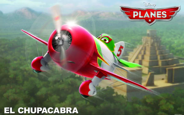 HD wallpaper of El Chupacabra from Disney's Planes flying energetically over a jungle with ancient pyramids in the background.