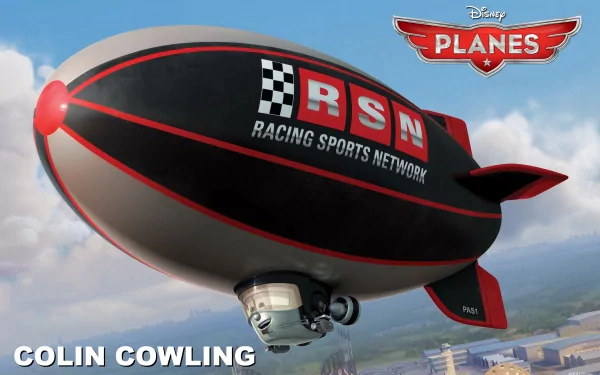 HD desktop wallpaper featuring Colin Cowling, a blimp from Disney's Planes, flying in the sky with mountains in the background.