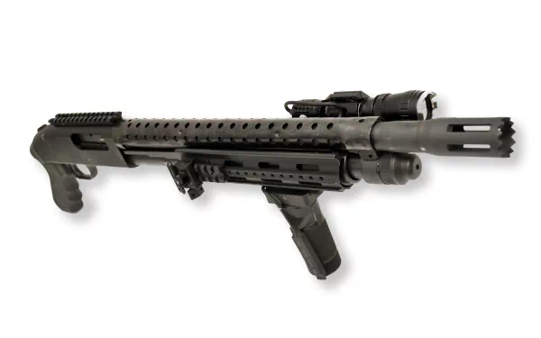 HD desktop wallpaper featuring a high-detail man-made shotgun with tactical attachments against a white background.