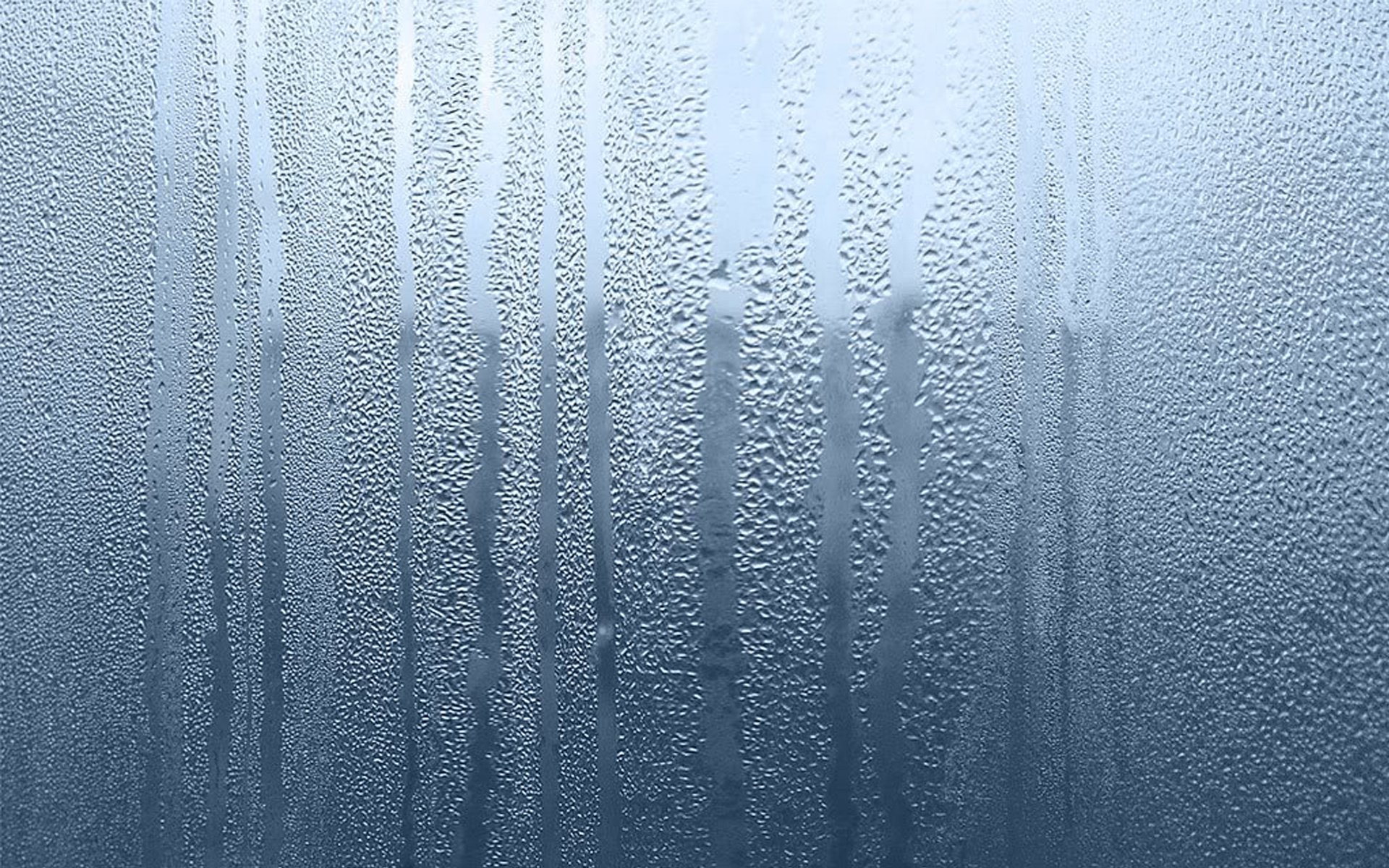 HD photography of raindrops streaming down a fogged window in blue-gray tones, rendered as an HD PC desktop wallpaper and background.