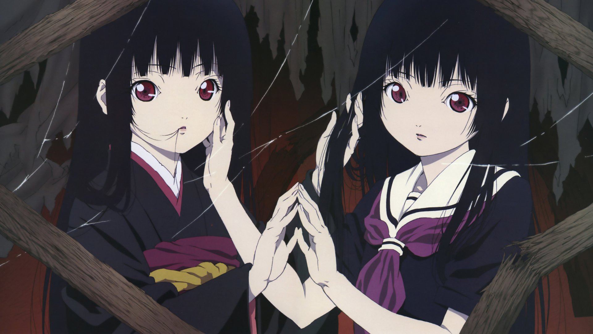 Anime Hell Girl 4K Ultra HD PC desktop wallpaper showing two identical black‑haired, red‑eyed girls facing each other, palms meeting through a cracked wooden frame.