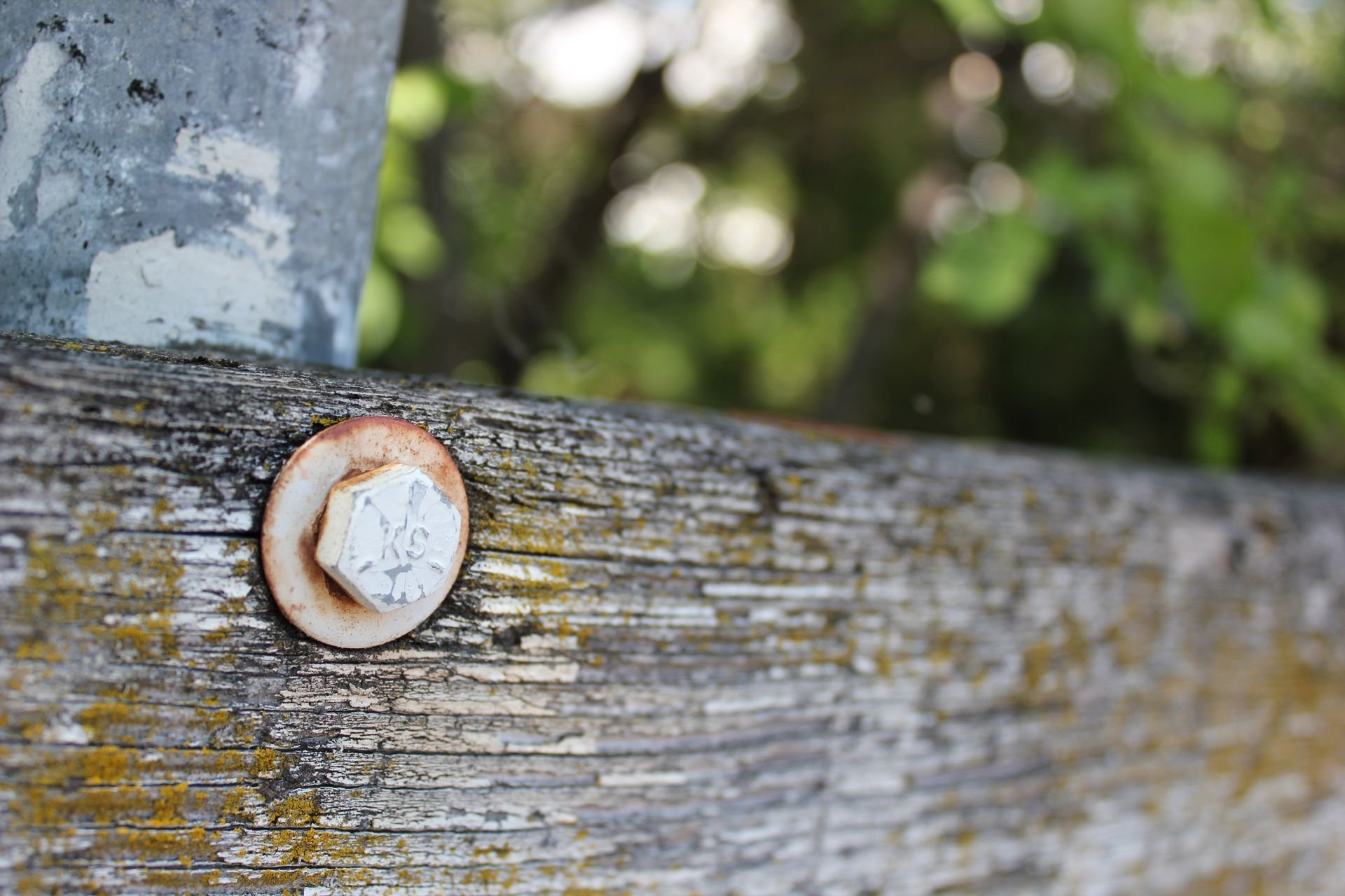 HD wallpaper featuring a close-up of a rusty bolt on an aged wooden fence with peeling paint and mossy texture.