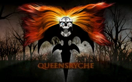 HD PC desktop wallpaper featuring the Queensrÿche logo with a skull and fiery hair against a dark, eerie forest background.