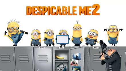 HD wallpaper featuring Gru and the Minions from Despicable Me 2, showcasing playful characters around lockers with a bright DESPICABLE ME 2 title above.
