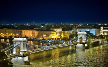 Night view of Budapest’s Chain Bridge spanning the Danube, illuminated and reflected in the water — a man-made landmark in Hungary, HD PC desktop wallpaper background.