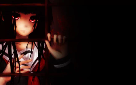 HD anime desktop wallpaper featuring a dark, intense scene from Jigoku Shōjo, with a haunting female character framed by shadows and red lighting.