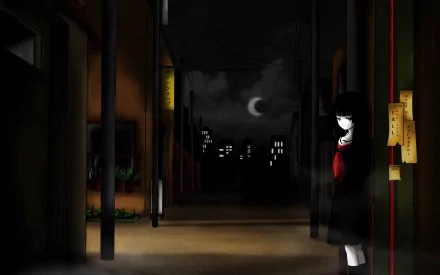HD PC desktop wallpaper featuring a dark, eerie street scene from the anime Jigoku Shōjo, with the iconic character standing under dim streetlights at night.