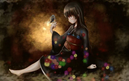 HD PC desktop wallpaper of Jigoku Shōjo anime character in a dark kimono, holding a butterfly against a warm, textured background with colorful glowing orbs.