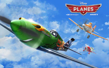 HD PC desktop wallpaper from Disney's Planes movie showing green racer Ripslinger leading two other animated airplanes through a bright blue sky.