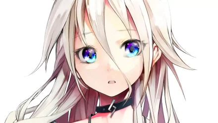 HD desktop wallpaper featuring IA, a Vocaloid character, with striking blue eyes and flowing white hair, suitable as an anime background.
