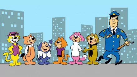 HD PC desktop wallpaper featuring the cast of the TV show Top Cat, showcasing colorful animated cat characters and a police officer against a cityscape background.