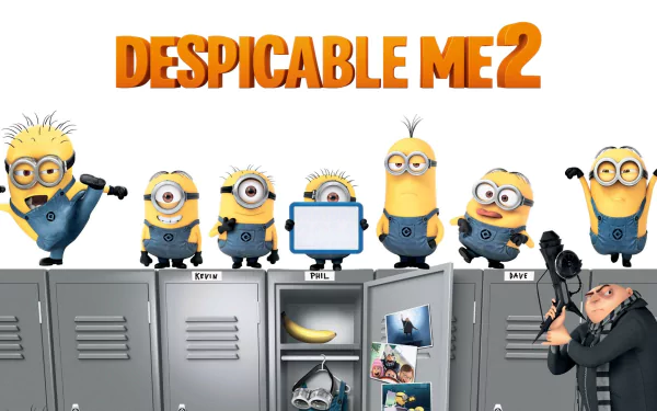 HD wallpaper featuring Gru and the Minions from Despicable Me 2, showcasing playful characters around lockers with a bright DESPICABLE ME 2 title above.