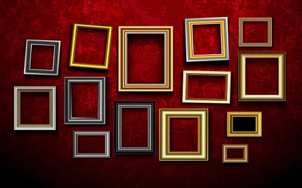 Artistic HD wallpaper featuring an array of decorative frames against a rich red background, creating a striking visual display for any desktop.