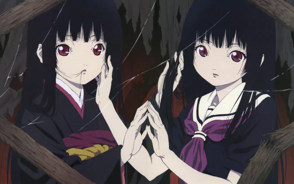 Anime Hell Girl 4K Ultra HD PC desktop wallpaper showing two identical black‑haired, red‑eyed girls facing each other, palms meeting through a cracked wooden frame.