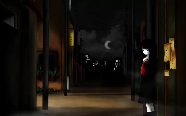 HD PC desktop wallpaper featuring a dark, eerie street scene from the anime Jigoku Shōjo, with the iconic character standing under dim streetlights at night.