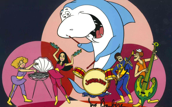 HD desktop wallpaper featuring Jabberjaw and his band performing on stage from the TV show Jabberjaw.