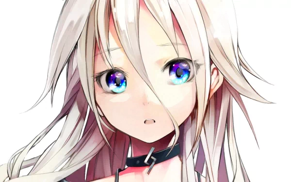 HD desktop wallpaper featuring IA, a Vocaloid character, with striking blue eyes and flowing white hair, suitable as an anime background.