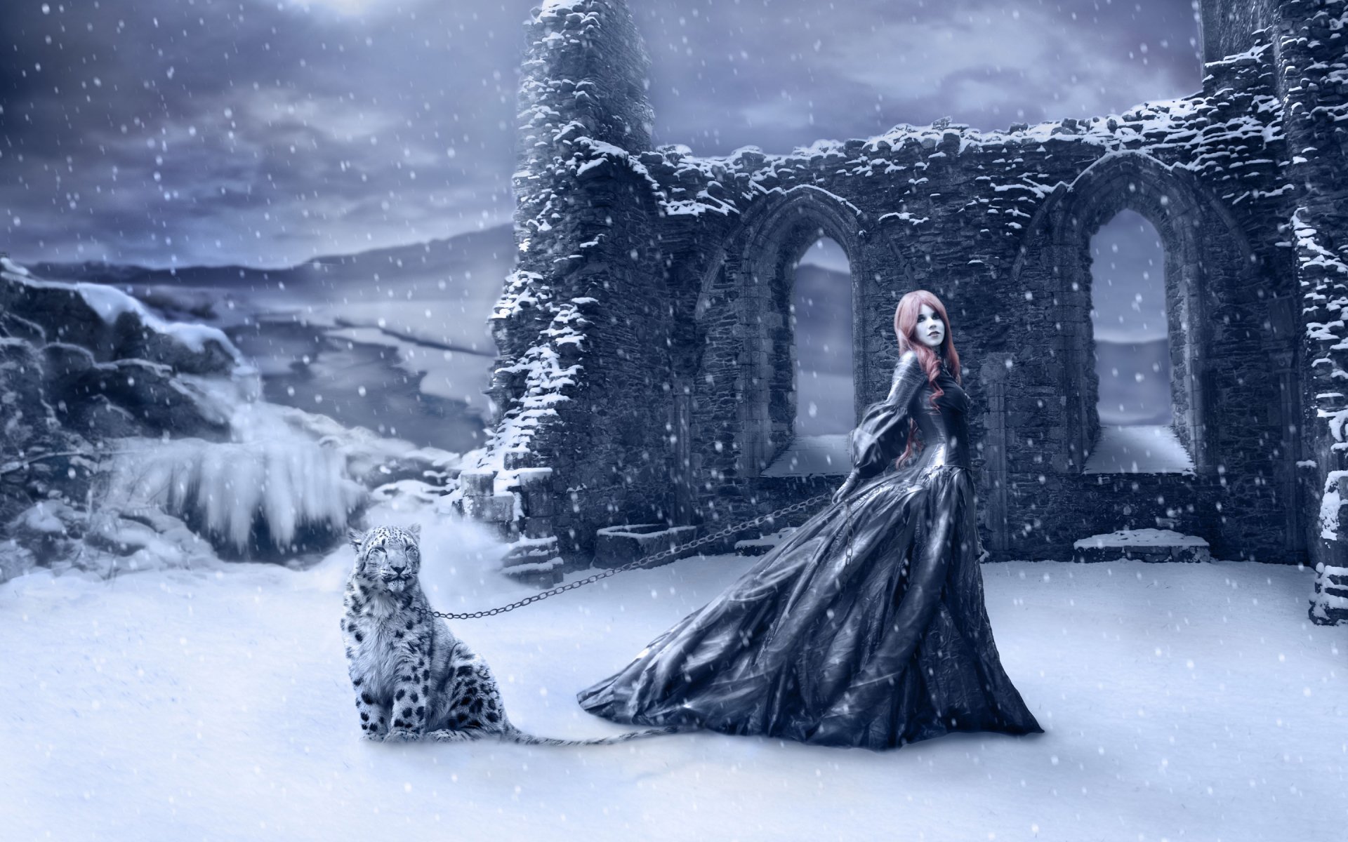 A fantasy scene featuring a woman in a flowing black gown standing in a snowy landscape with ruins, accompanied by a leopard, creating a captivating HD desktop wallpaper.