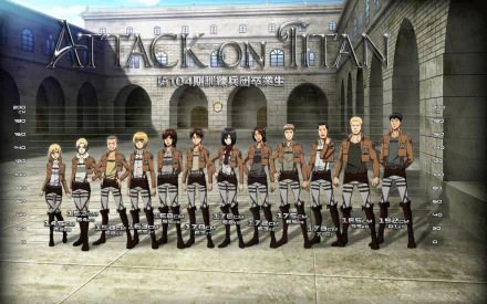 HD desktop wallpaper featuring characters Jean Kirstein, Bertolt Hoover, Reiner Braun, Mikasa Ackerman, Eren Yeager, Sasha Blouse, Armin Arlert, Connie Springer, Annie Leonhart, and Historia Reiss from Attack on Titan.