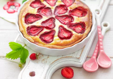A beautifully arranged strawberry pie with a golden crust sits on a decorative cutting board, surrounded by fresh strawberries, making a vibrant HD desktop wallpaper.