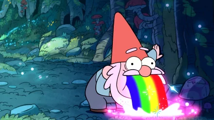 HD desktop wallpaper of a cartoon gnome with a rainbow beard in a mystical forest setting.