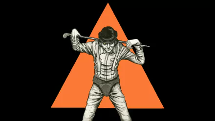 HD PC desktop wallpaper featuring stylized artwork of the main character from the movie A Clockwork Orange, set against an orange triangle background.